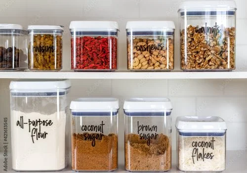 Using storage containers in the pantry to keep like items together will make cooking/tidying up and shopping easier. Using storage containers in the pantry to keep like items together will make cooking/tidying up and shopping easier.